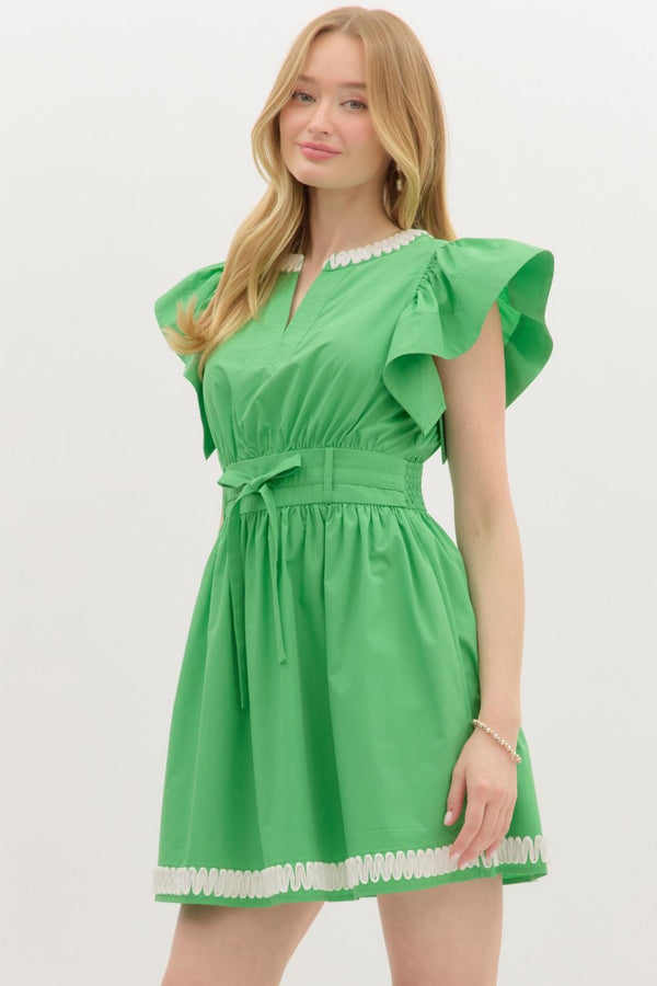 Solid Flutter Sleeve Pullover Dress- Green