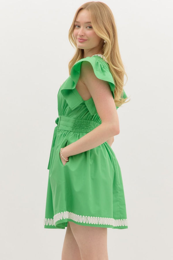Solid Flutter Sleeve Pullover Dress- Green