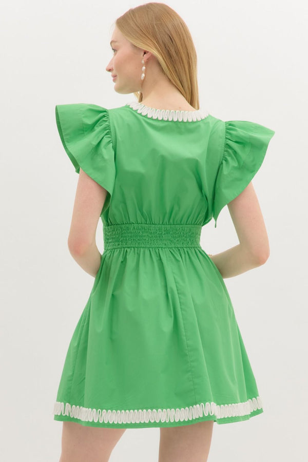 Solid Flutter Sleeve Pullover Dress- Green