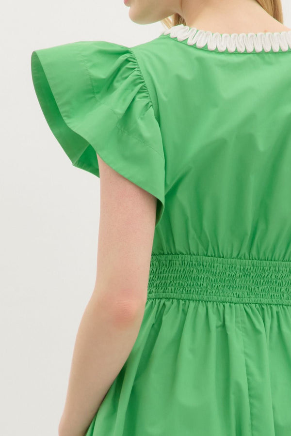 Solid Flutter Sleeve Pullover Dress- Green