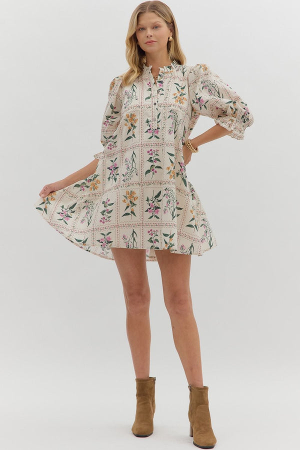 Floral ¾ Ruffle Puff Sleeve Dress- Ecru