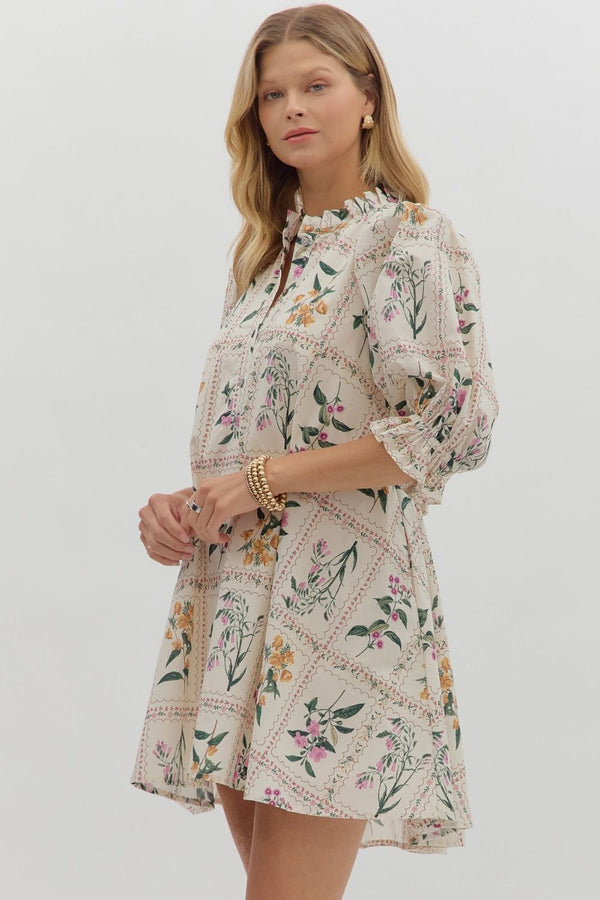 Floral ¾ Ruffle Puff Sleeve Dress- Ecru