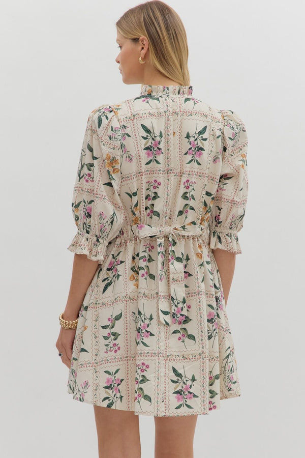 Floral ¾ Ruffle Puff Sleeve Dress- Ecru
