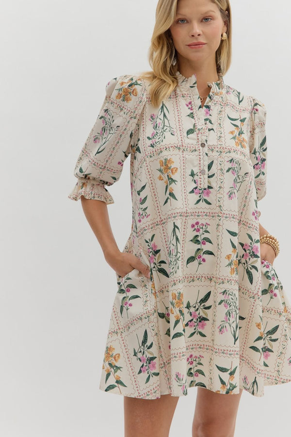 Floral ¾ Ruffle Puff Sleeve Dress- Ecru
