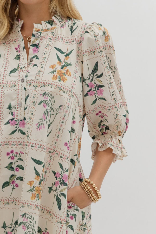Floral ¾ Ruffle Puff Sleeve Dress- Ecru