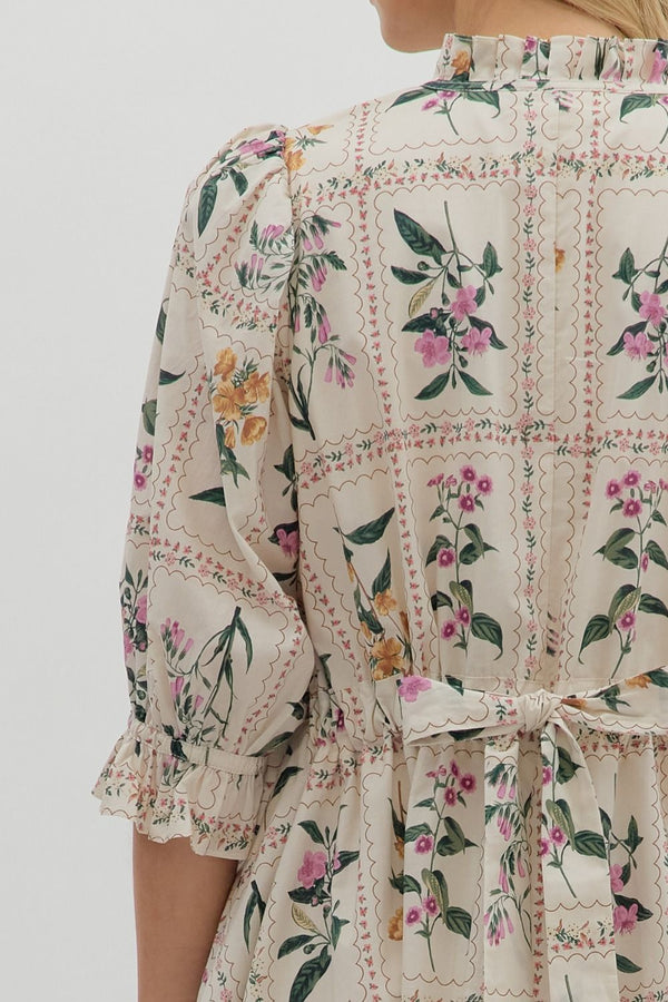 Floral ¾ Ruffle Puff Sleeve Dress- Ecru
