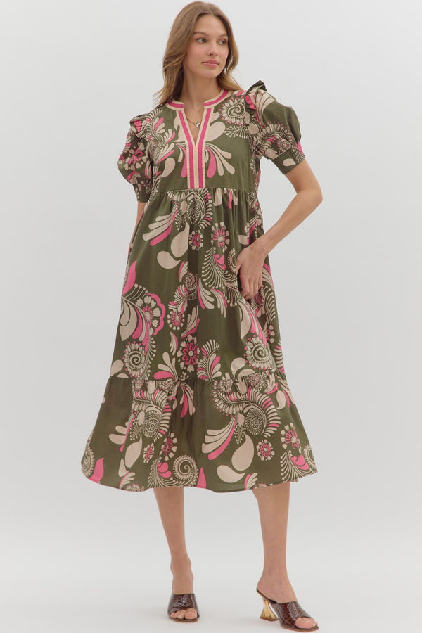 Paisley Pattern Smocked Cuff Band Tiered Dress- Olive