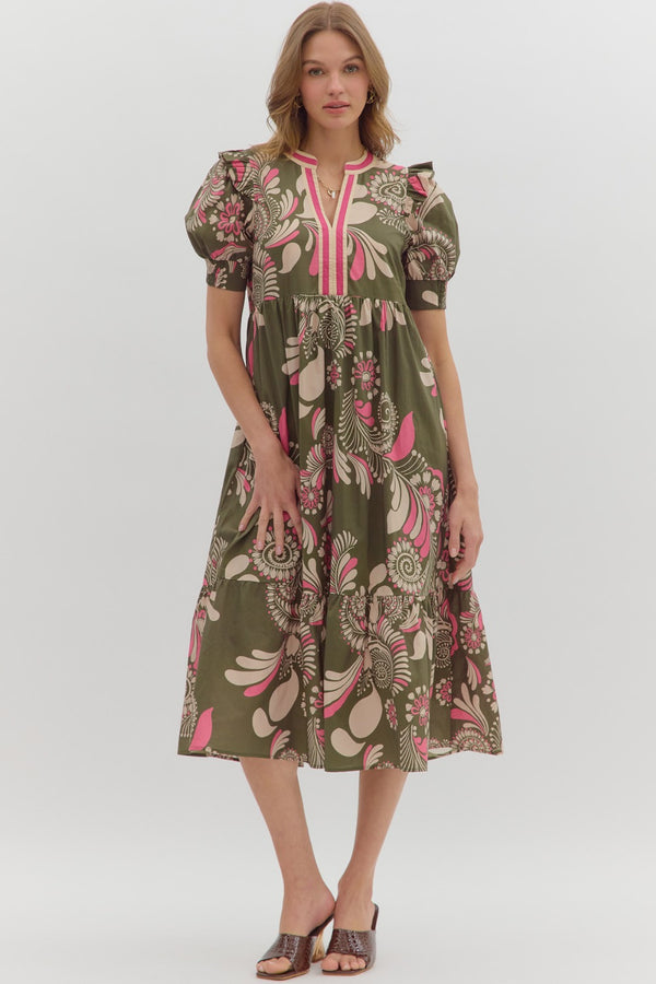 Paisley Pattern Smocked Cuff Band Tiered Dress- Olive