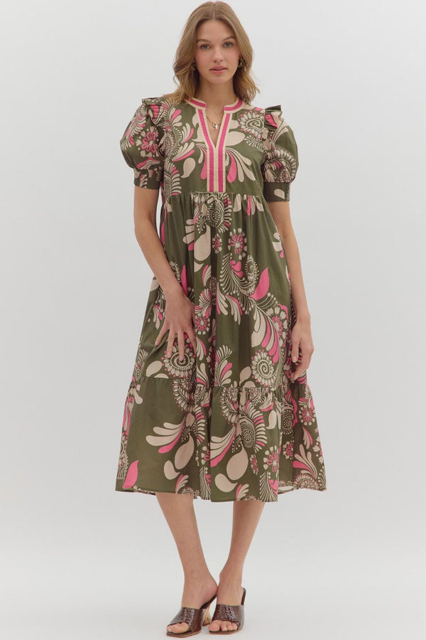 Paisley Pattern Cuff Band Tiered Dress- Olive