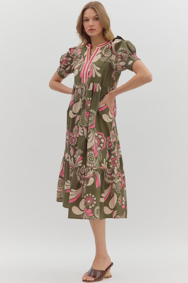Paisley Pattern Smocked Cuff Band Tiered Dress- Olive