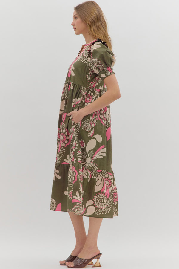 Paisley Pattern Smocked Cuff Band Tiered Dress- Olive