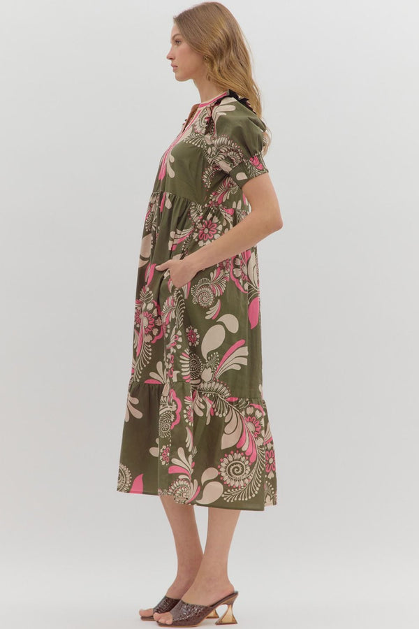 Paisley Pattern Cuff Band Tiered Dress- Olive