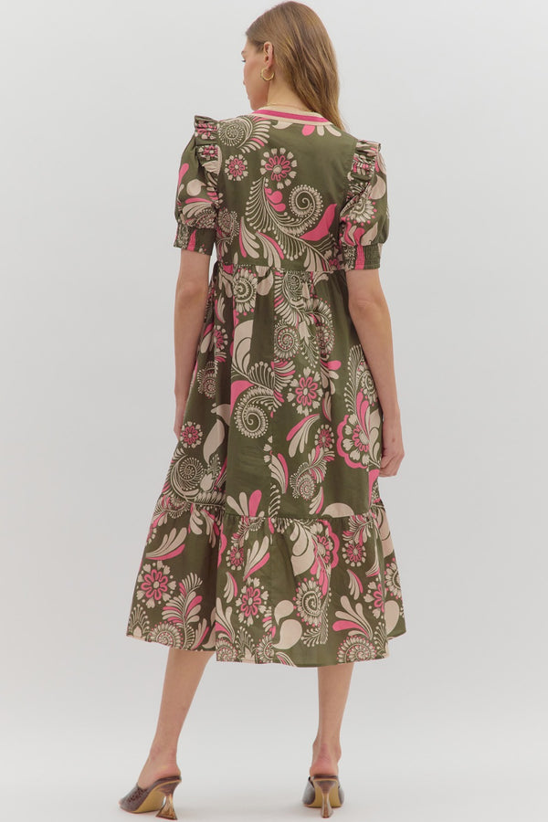 Paisley Pattern Smocked Cuff Band Tiered Dress- Olive