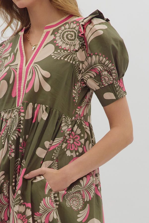 Paisley Pattern Smocked Cuff Band Tiered Dress- Olive