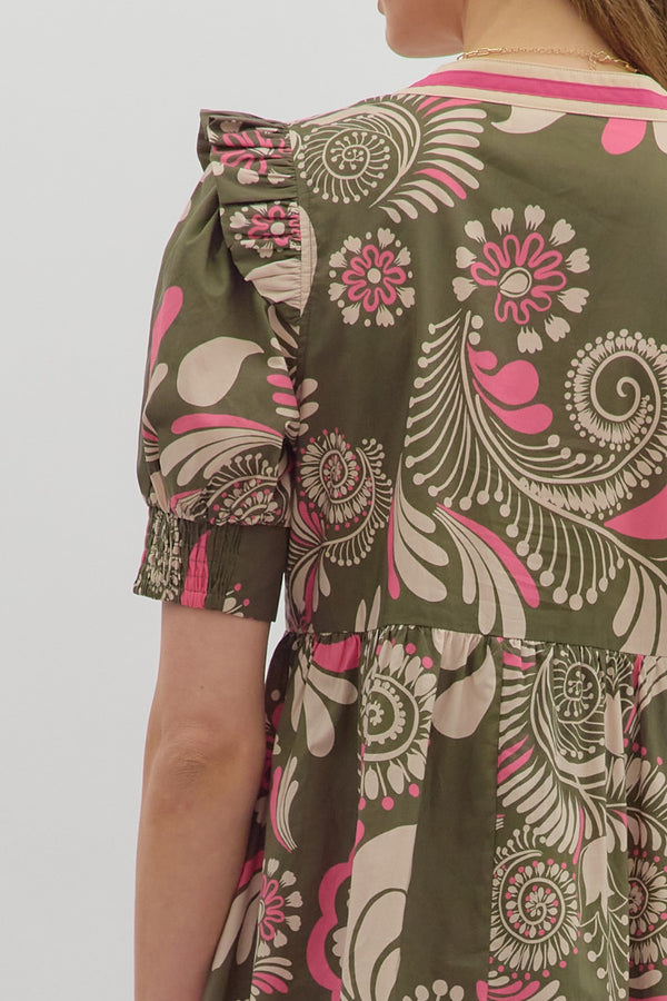Paisley Pattern Smocked Cuff Band Tiered Dress- Olive