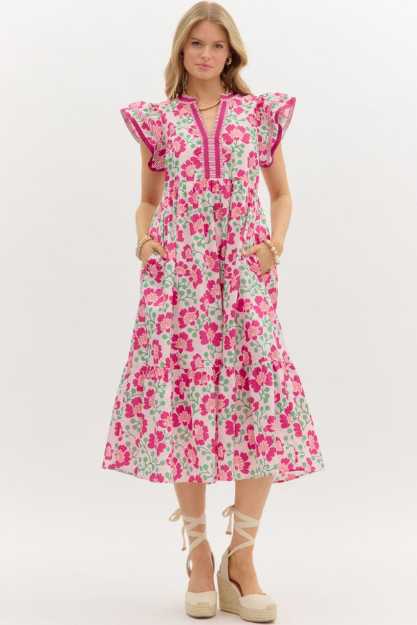 Floral Print Flutter Sleeve Pullover Dress- Pink