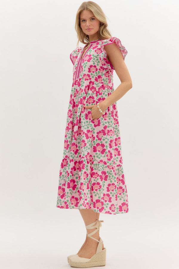 Floral Print Flutter Sleeve Pullover Dress- Pink
