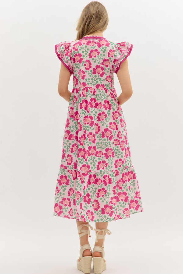 Floral Print Flutter Sleeve Pullover Dress- Pink