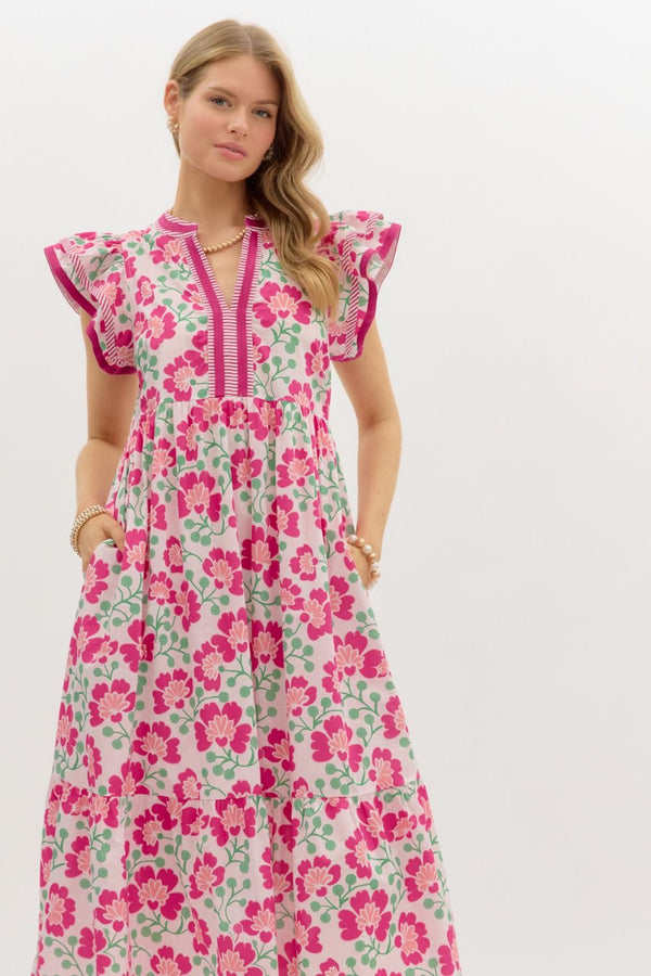 Floral Print Flutter Sleeve Pullover Dress- Pink