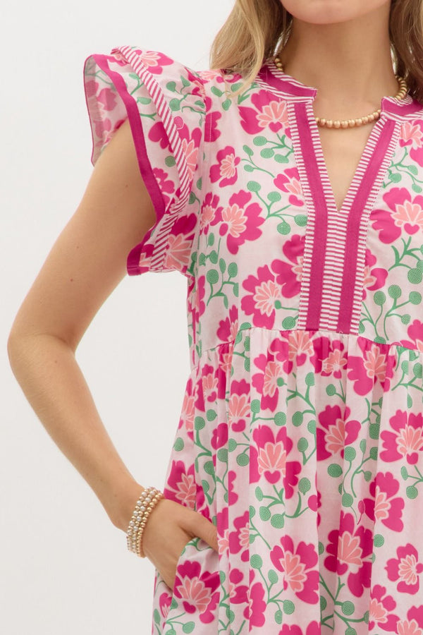 Floral Print Flutter Sleeve Pullover Dress- Pink