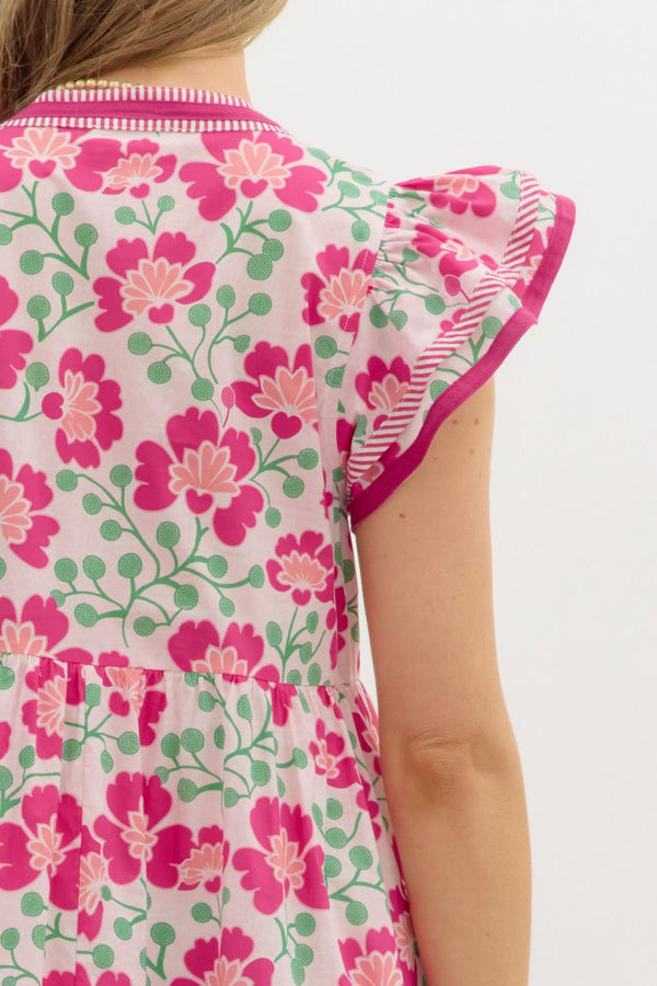 Floral Print Flutter Sleeve Pullover Dress- Pink