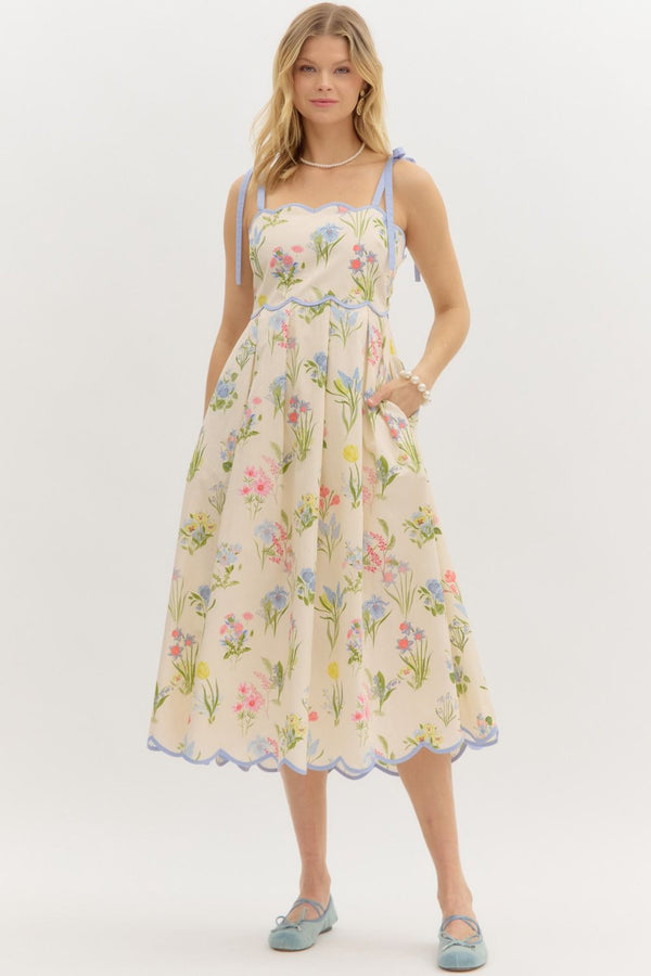 Floral Print Shoulder Tie Pullover Dress- Cream