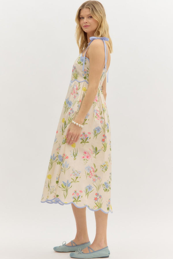 Floral Print Shoulder Tie Pullover Dress- Cream