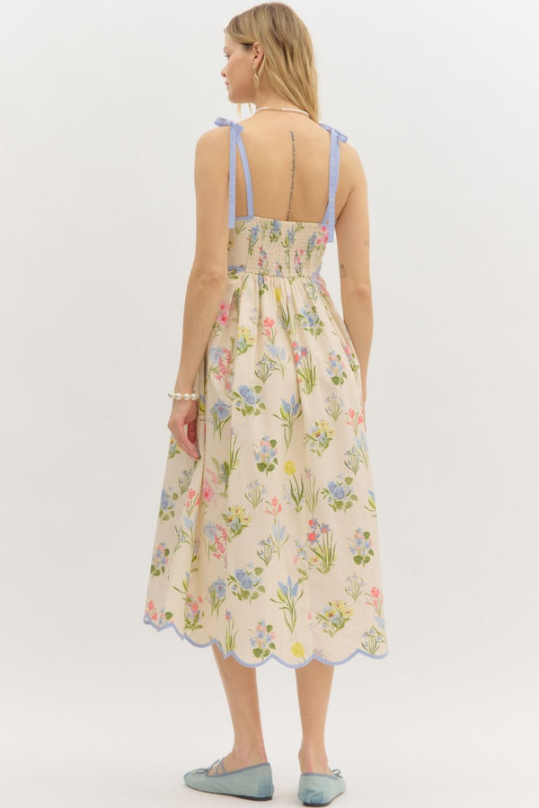 Floral Print Shoulder Tie Pullover Dress- Cream