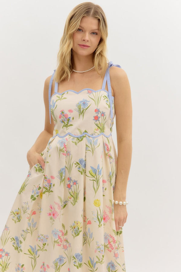 Floral Print Shoulder Tie Pullover Dress- Cream