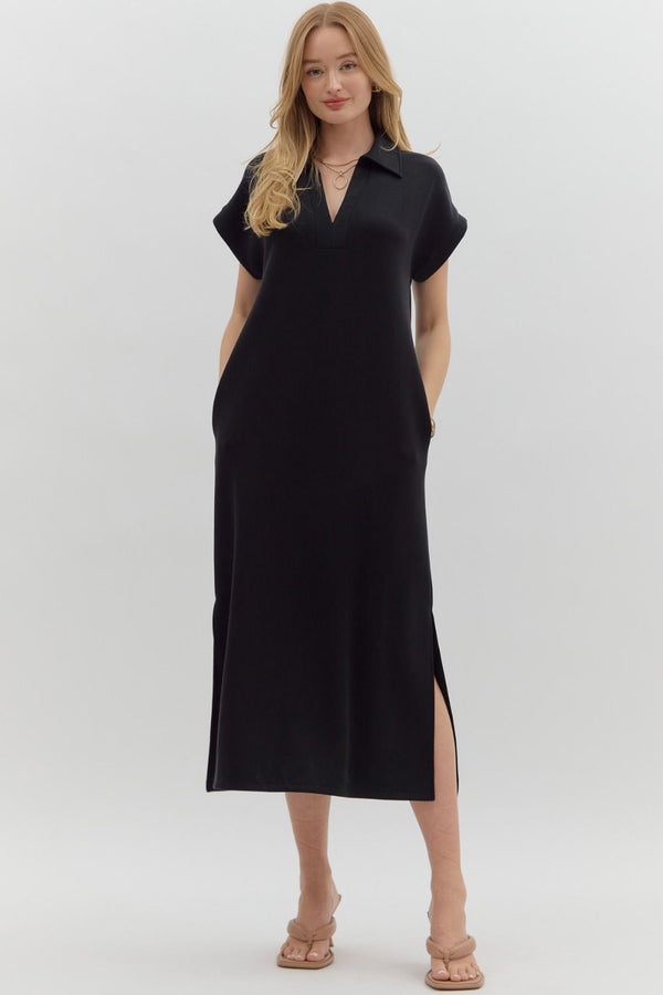 Solid Knit Split Collar Pullover Dress- Black