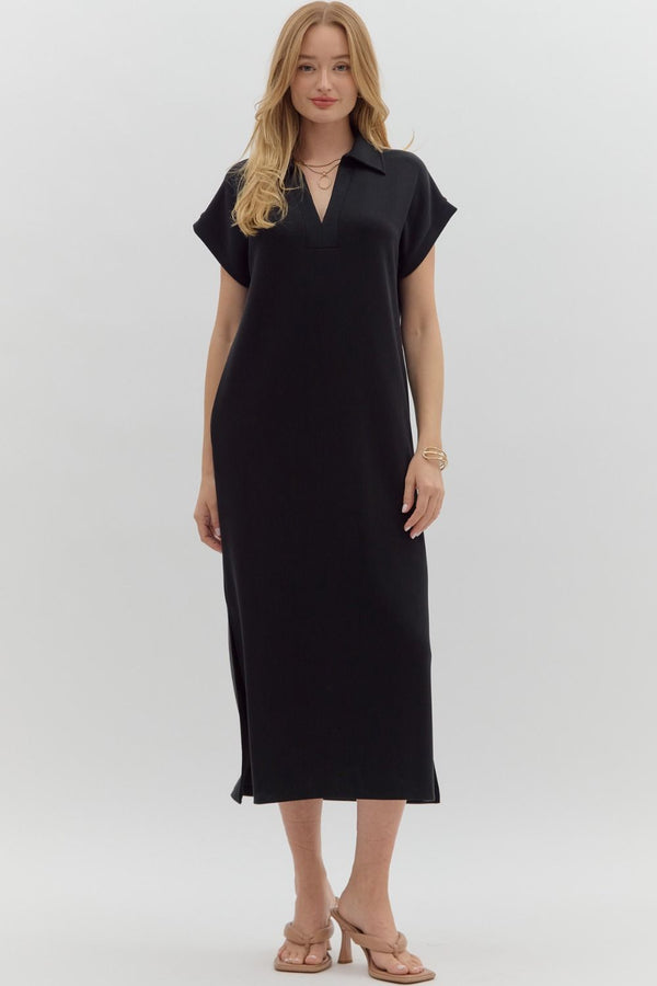 Solid Knit Split Collar Pullover Dress- Black