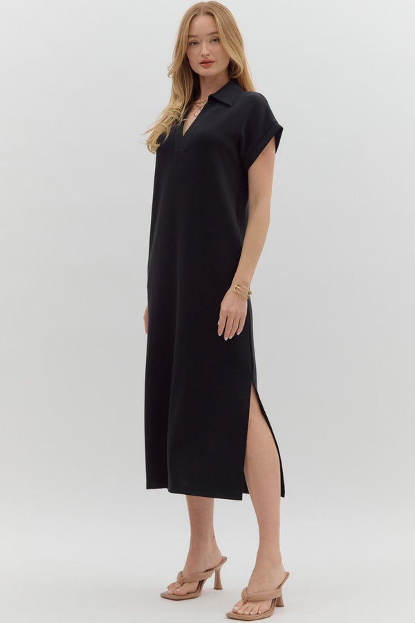 Solid Knit Split Collar Pullover Dress- Black