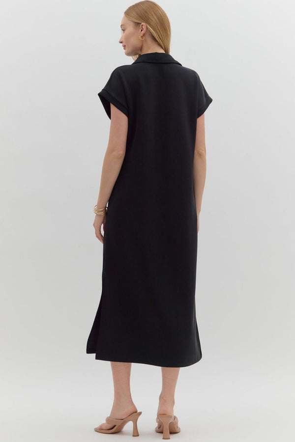 Solid Knit Split Collar Pullover Dress- Black