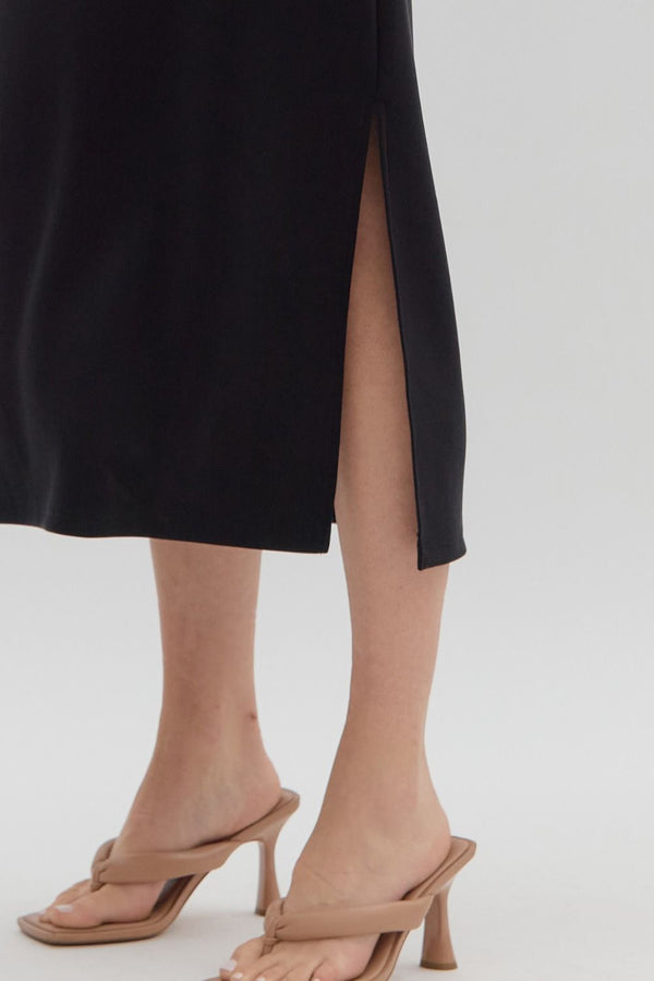 Solid Knit Split Collar Pullover Dress- Black