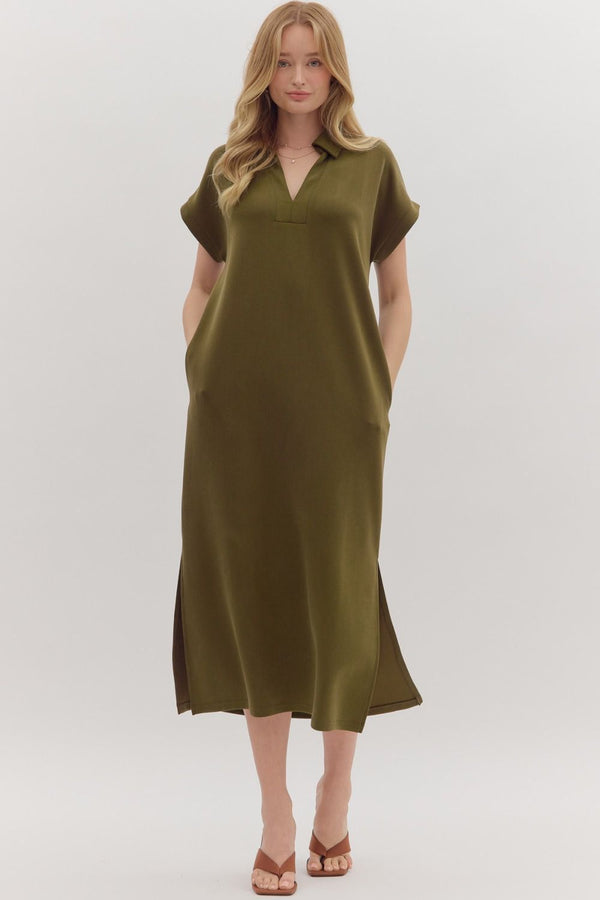 Solid Knit Split Collar Pullover Dress- Olive
