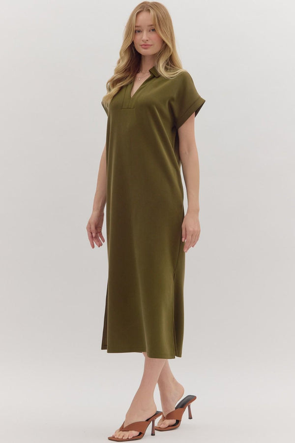 Solid Knit Split Collar Pullover Dress- Olive