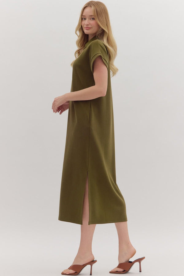Solid Knit Split Collar Pullover Dress- Olive