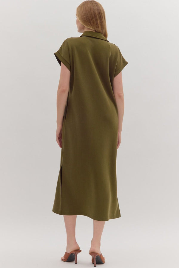 Solid Knit Split Collar Pullover Dress- Olive
