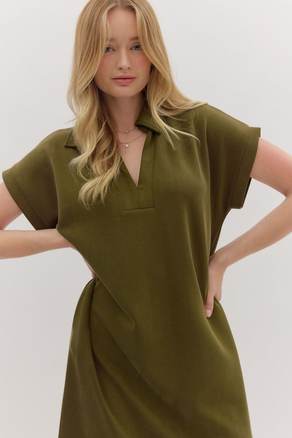 Solid Knit Split Collar Pullover Dress- Olive