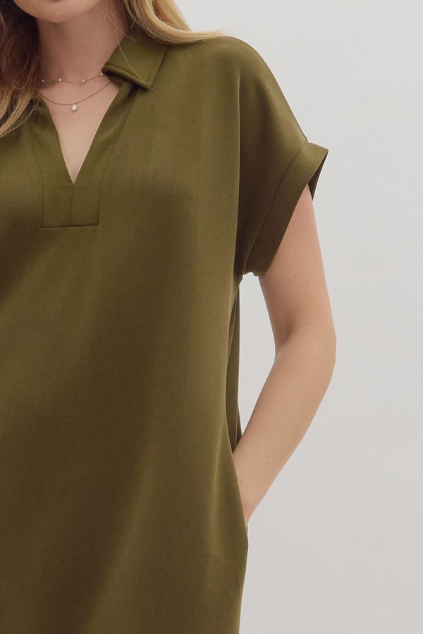 Solid Knit Split Collar Pullover Dress- Olive