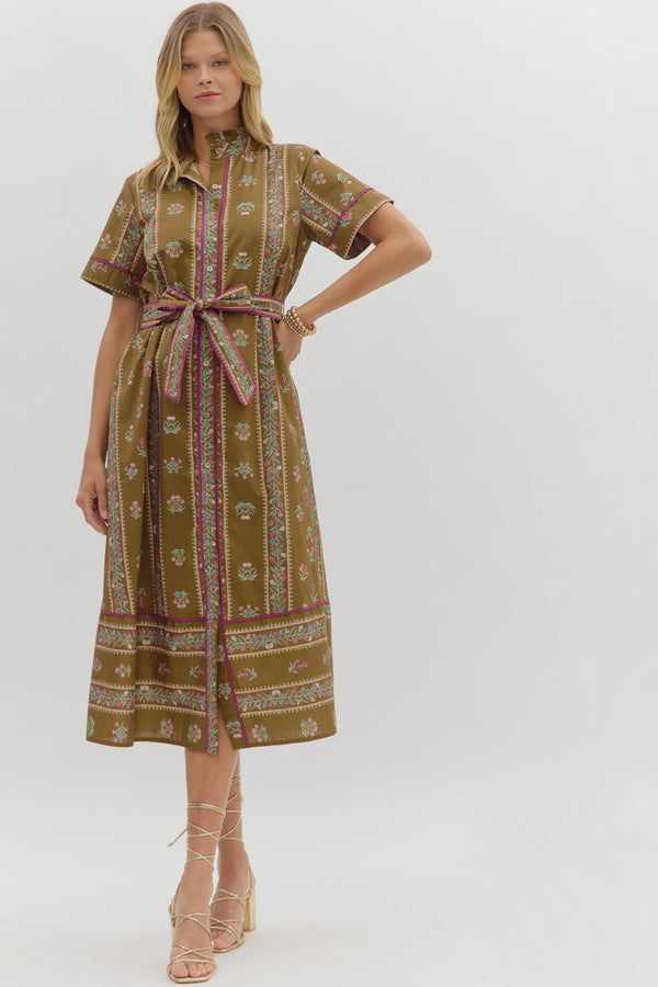Floral Pattern Button Closure Dress- Brown