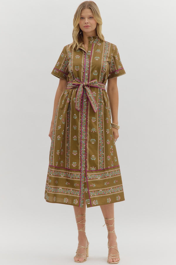 Floral Pattern Button Closure Dress- Brown