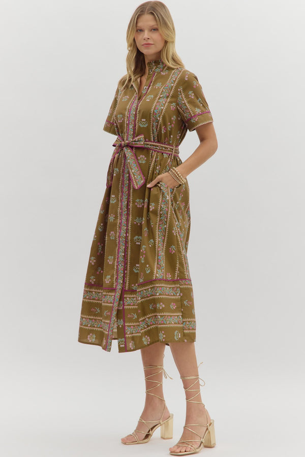 Floral Pattern Button Closure Dress- Brown