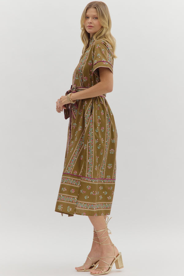 Floral Pattern Button Closure Dress- Brown