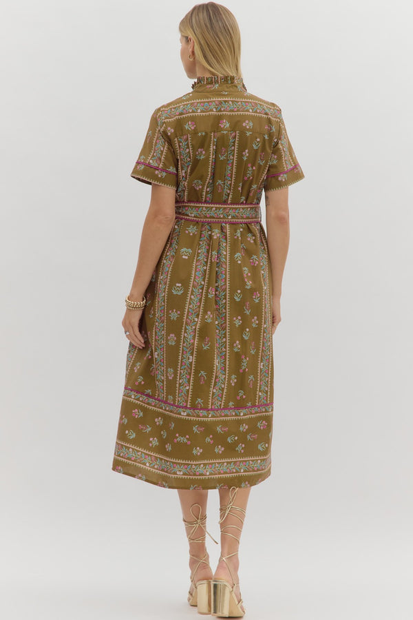 Floral Pattern Button Closure Dress- Brown