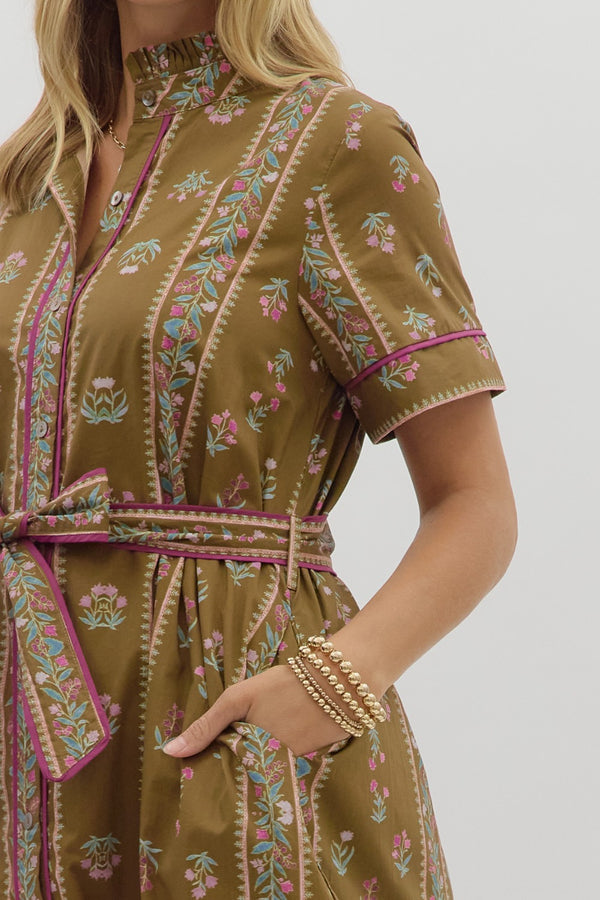 Floral Pattern Button Closure Dress- Brown