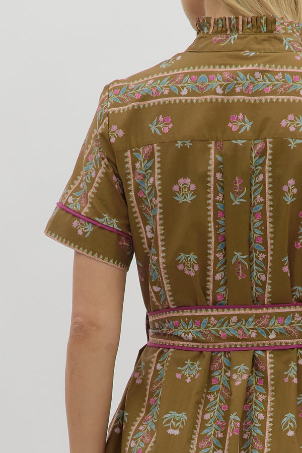 Floral Pattern Button Closure Dress- Brown