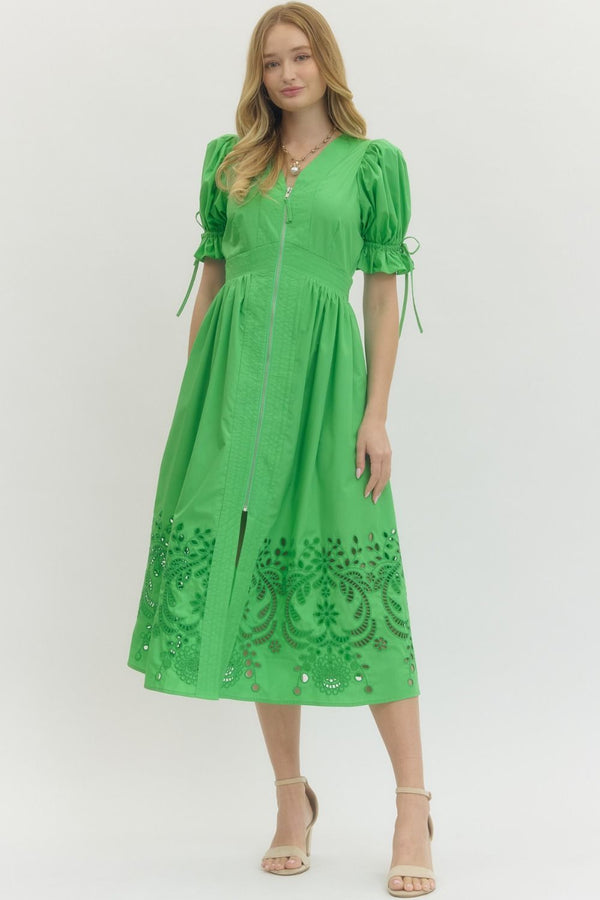 Solid Embroidered Puff Sleeve Dress- Green