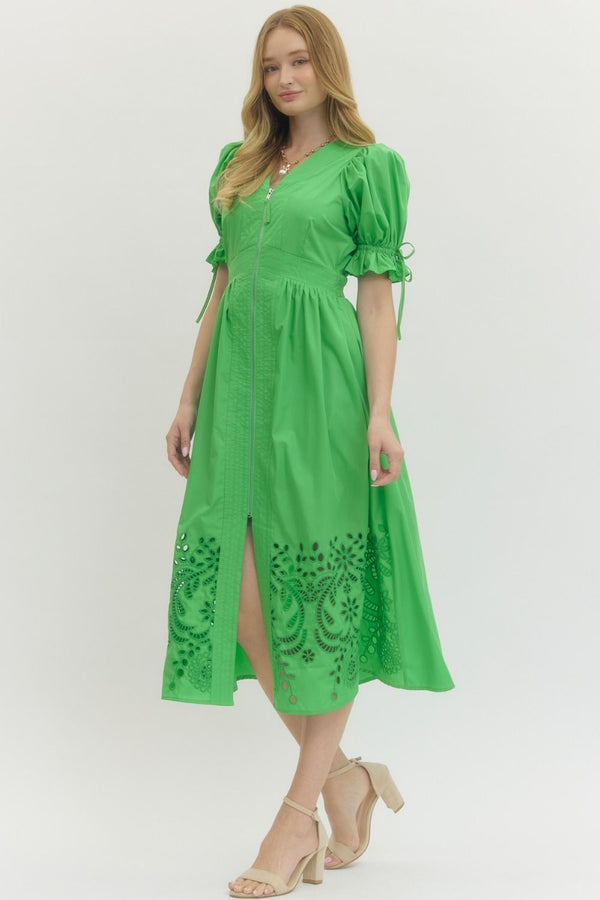 Solid Embroidered Puff Sleeve Dress- Green
