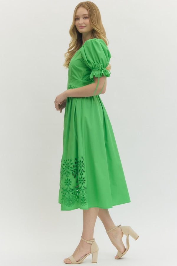 Solid Embroidered Puff Sleeve Dress- Green